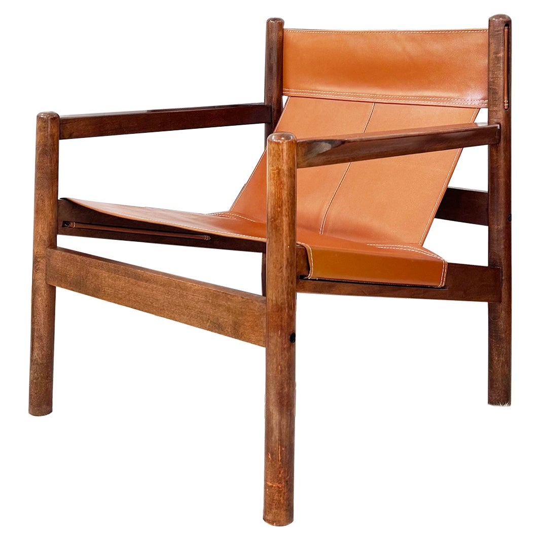 60s Michel Arnoult Brazilian Roxinho Leather + Wood Sling Lounge Chair, EX Cond!