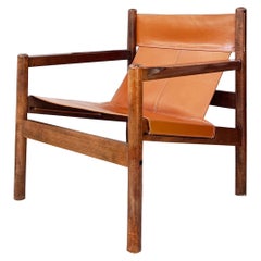 60s Michel Arnoult Brazilian Roxinho Leather + Wood Sling Lounge Chair, EX Cond!