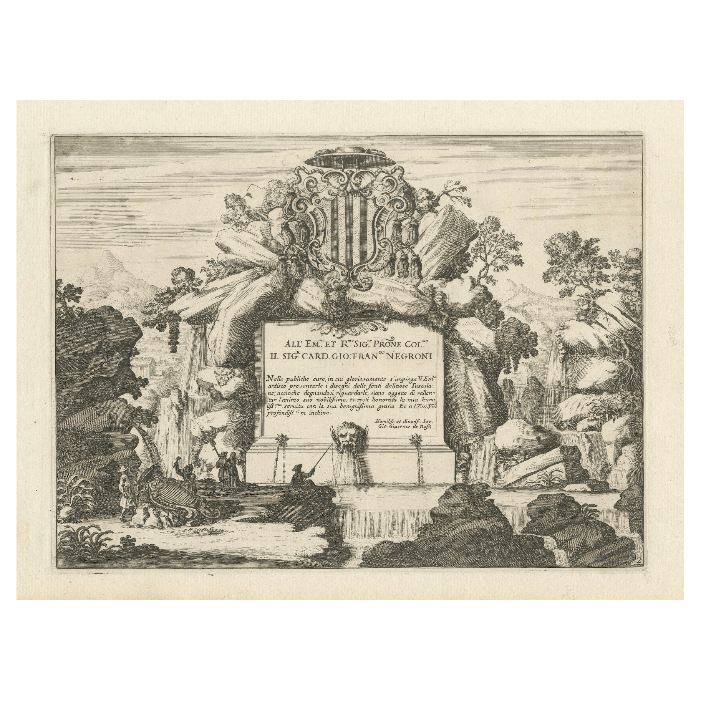 Gravure allégorique baroque avec armoiries nobles, vers 1690 en vente