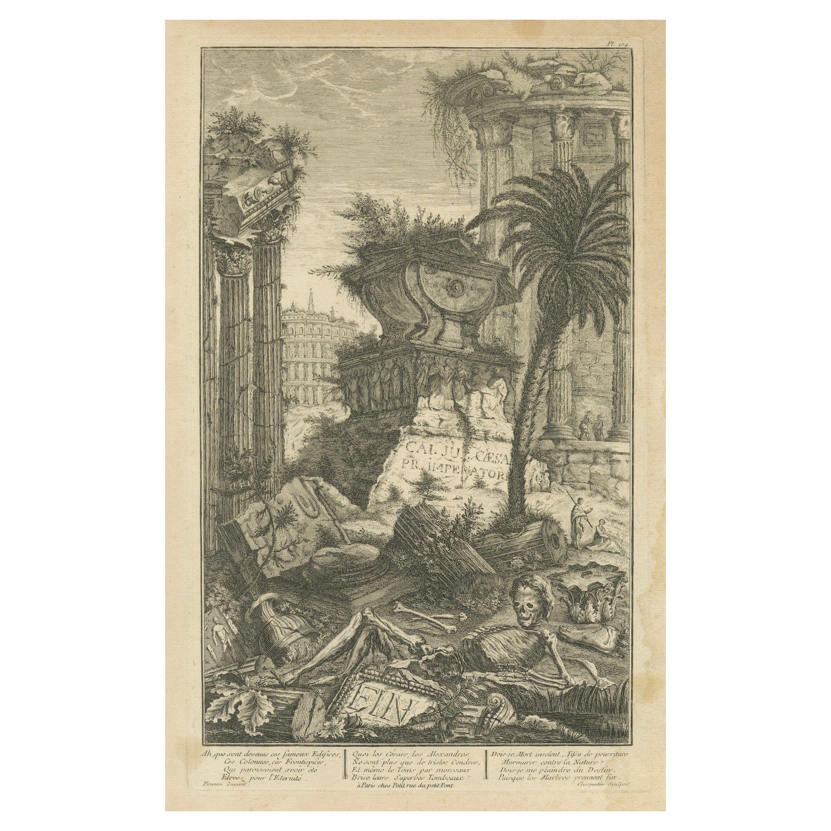 Engraving of Julius Ceasar's Ruins and Skeleton: A Charpentier Vanitas, 1757 For Sale