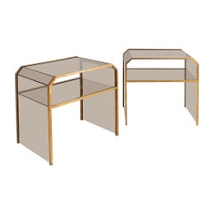 Italian Smoked Glass and Brass Side Tables - a Pair