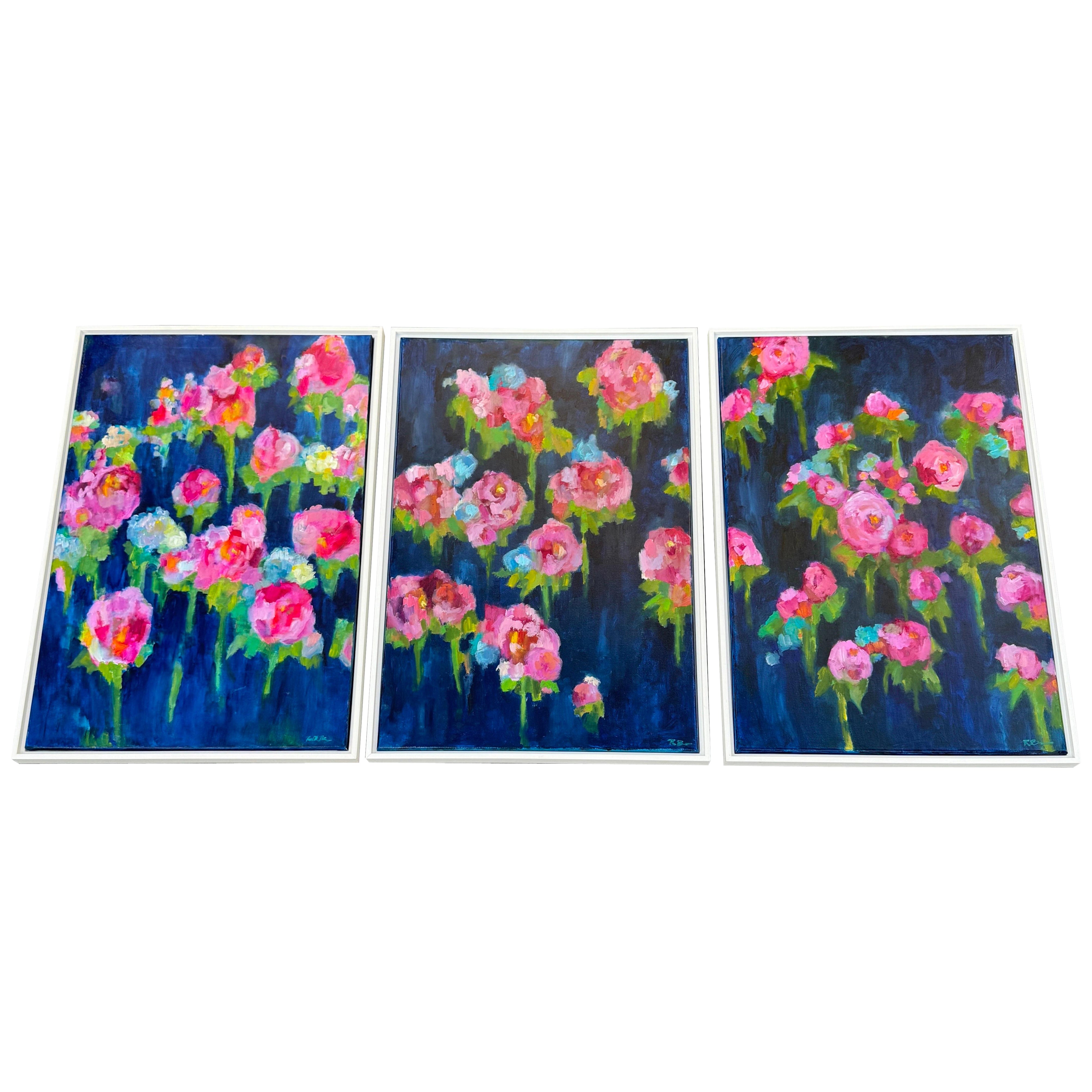 Grandes peintures à l'huile florales Triptyque Peonies, signées Rachel Brown 2019