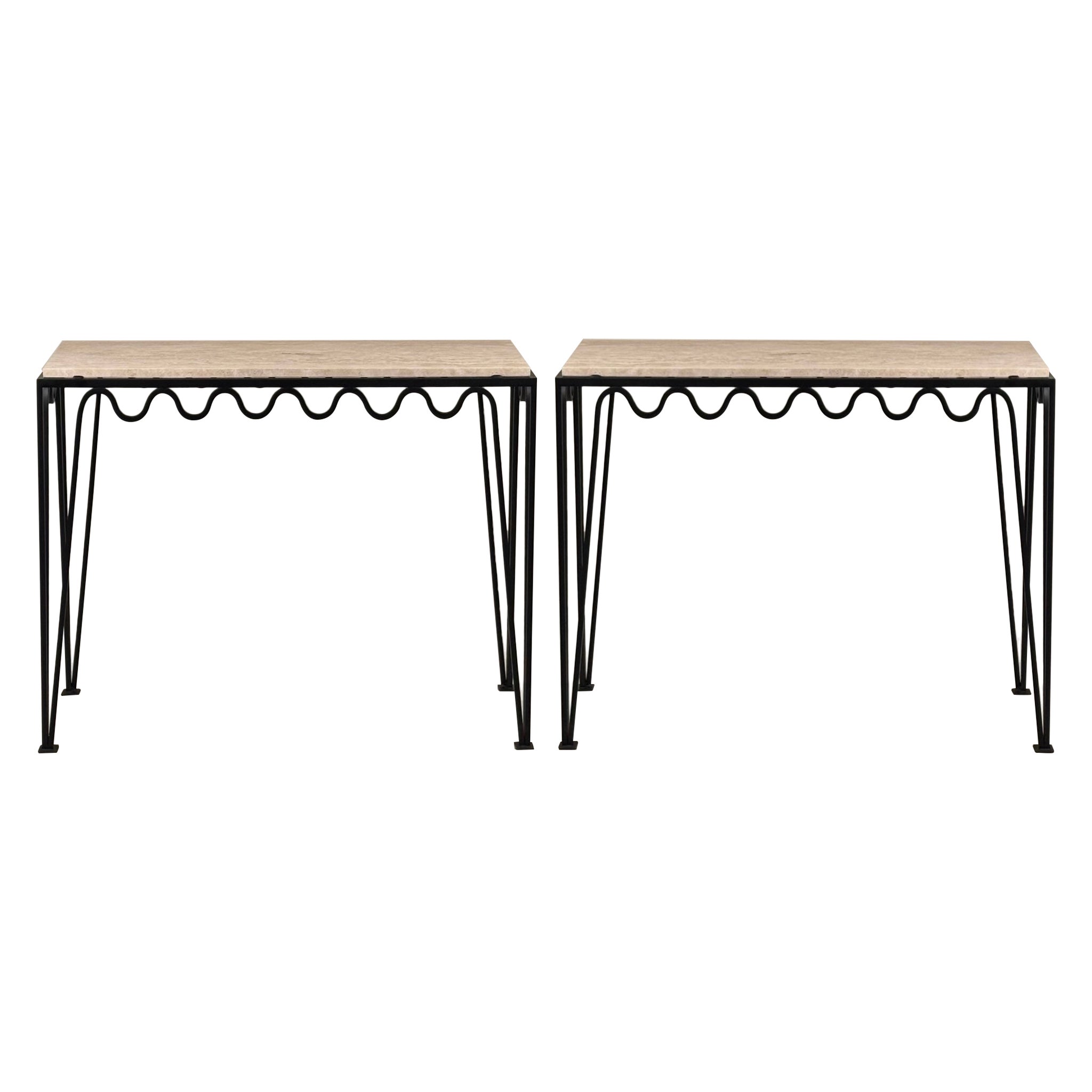 Pair of Large 'Méandre' Travertine Consoles by Design Frères
