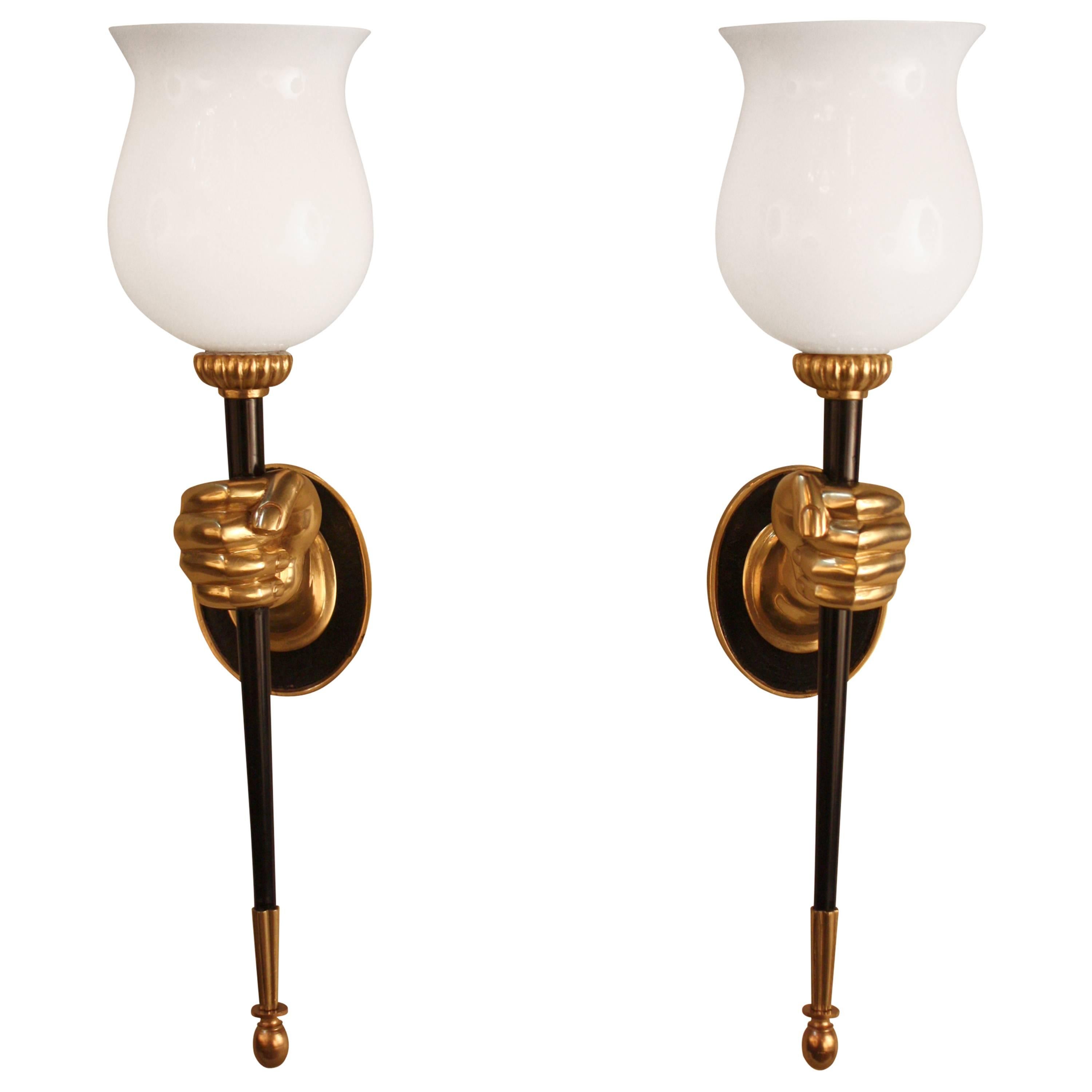 Pair of Bronze Torch Wall Sconces by Maison Jansen