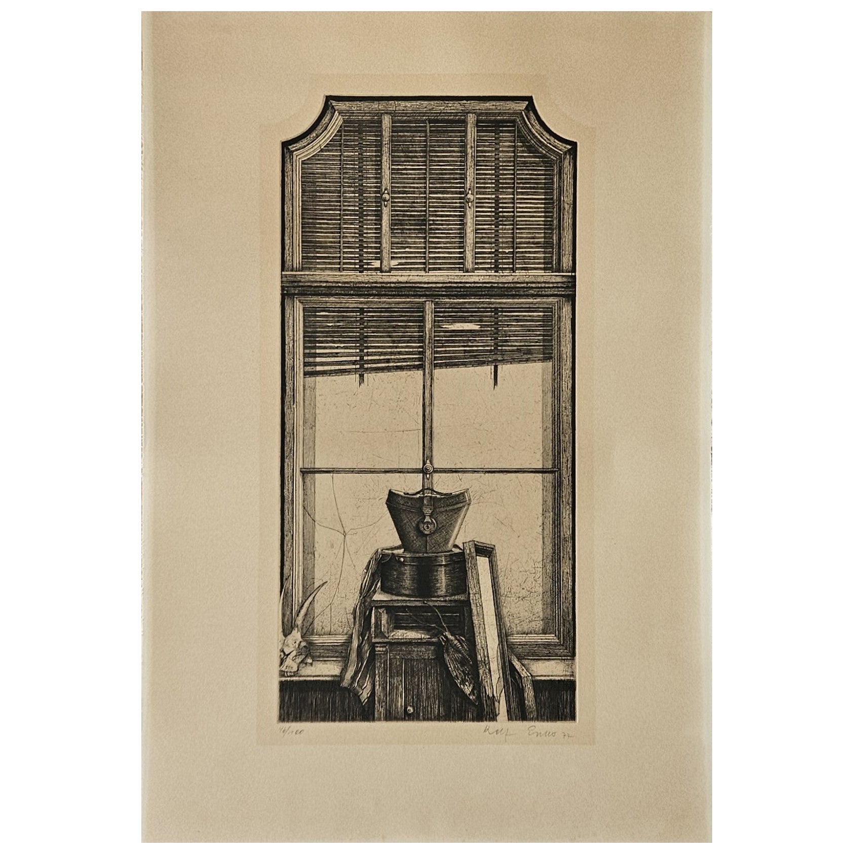 Grabado original de Rolf Escher "Ventana olvidada  "fechado, firmado, 1977