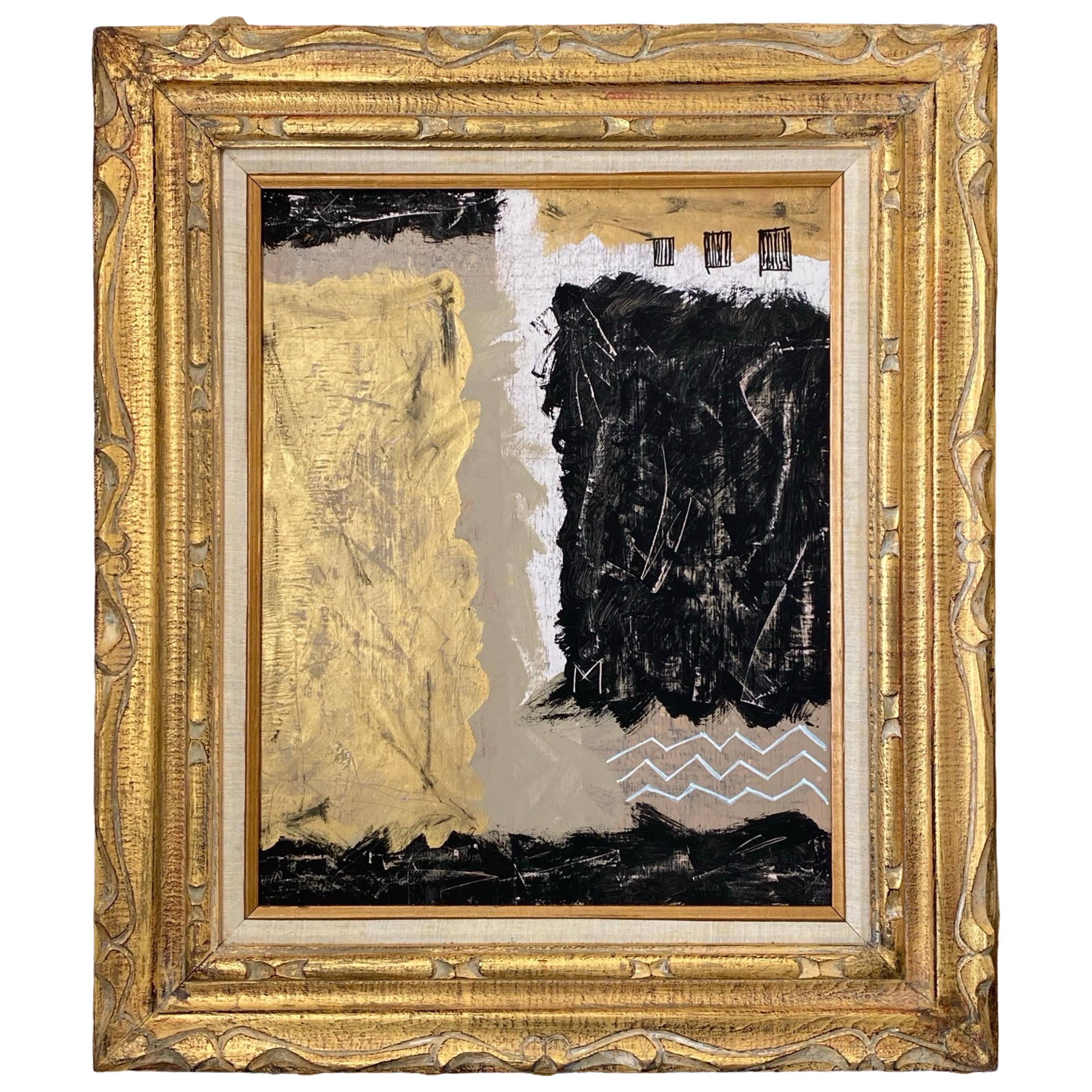 Black & Gold Modern Brutalist Abstract in Vintage 60s Frame by Machado Arte