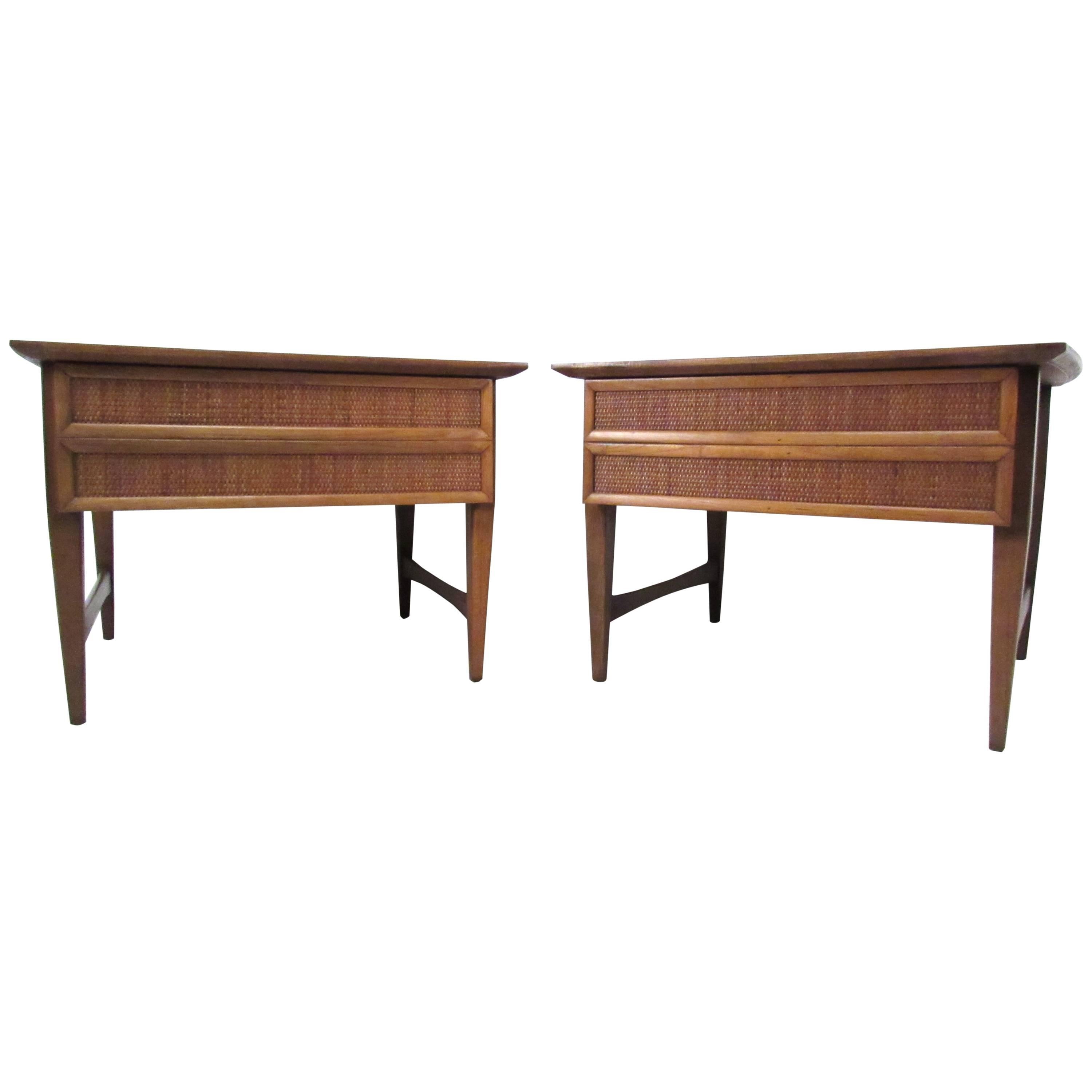 Pair of Mid-Century Modern Cane Front End Tables by Lane For Sale