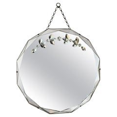 Vintage Art Deco Round Beveled Silver Mirror with 12 Sides with its Original Metal Chain