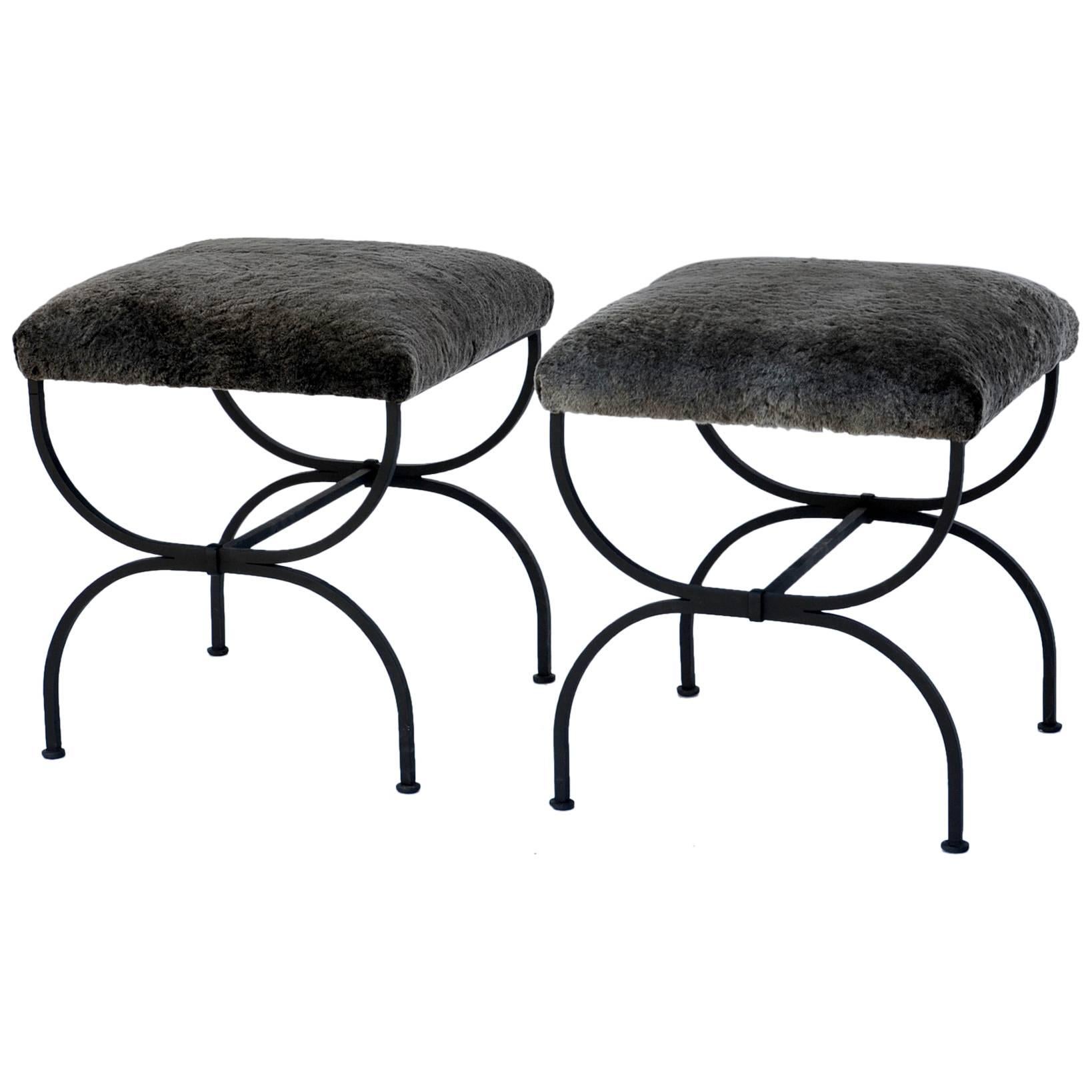 Pair of Chic Fur-Covered Wrought Iron Stools in the Style of Gilbert Poillerat