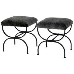 Pair of Chic Fur-Covered Wrought Iron Stools in the Style of Gilbert Poillerat 2