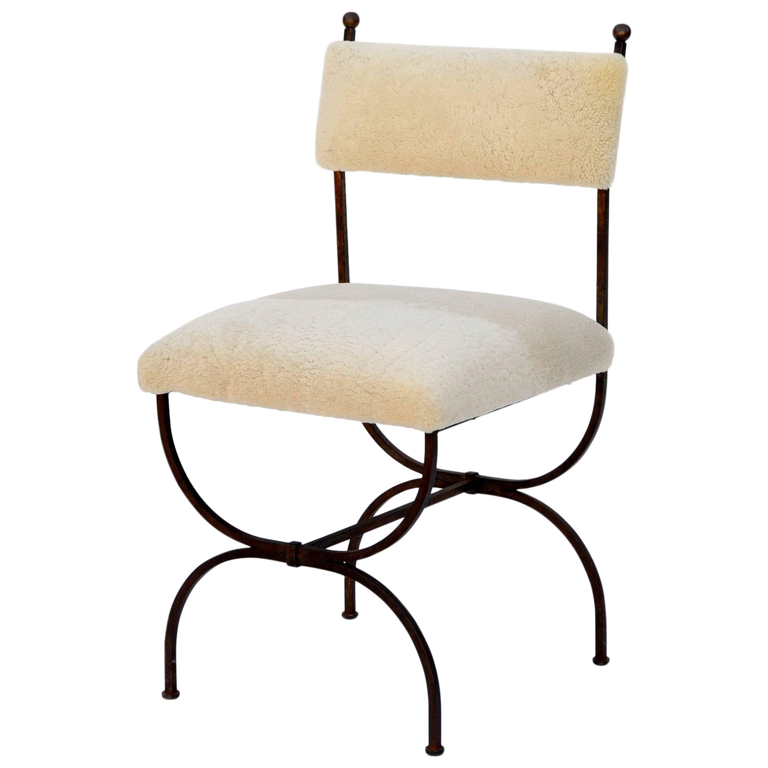 Exceptional Wrought Iron and Sheepskin Side Chair by Gilbert Poillerat