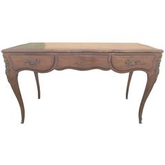 Vintage Oak French Style Partners Desk with Leather and Top Brass Handles