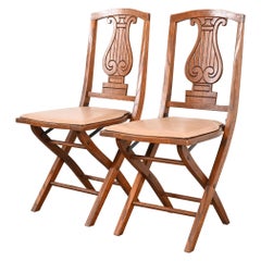Antique Arts & Crafts Carved Oak Lyre Back Folding Chairs by Phoenix Chair Co.