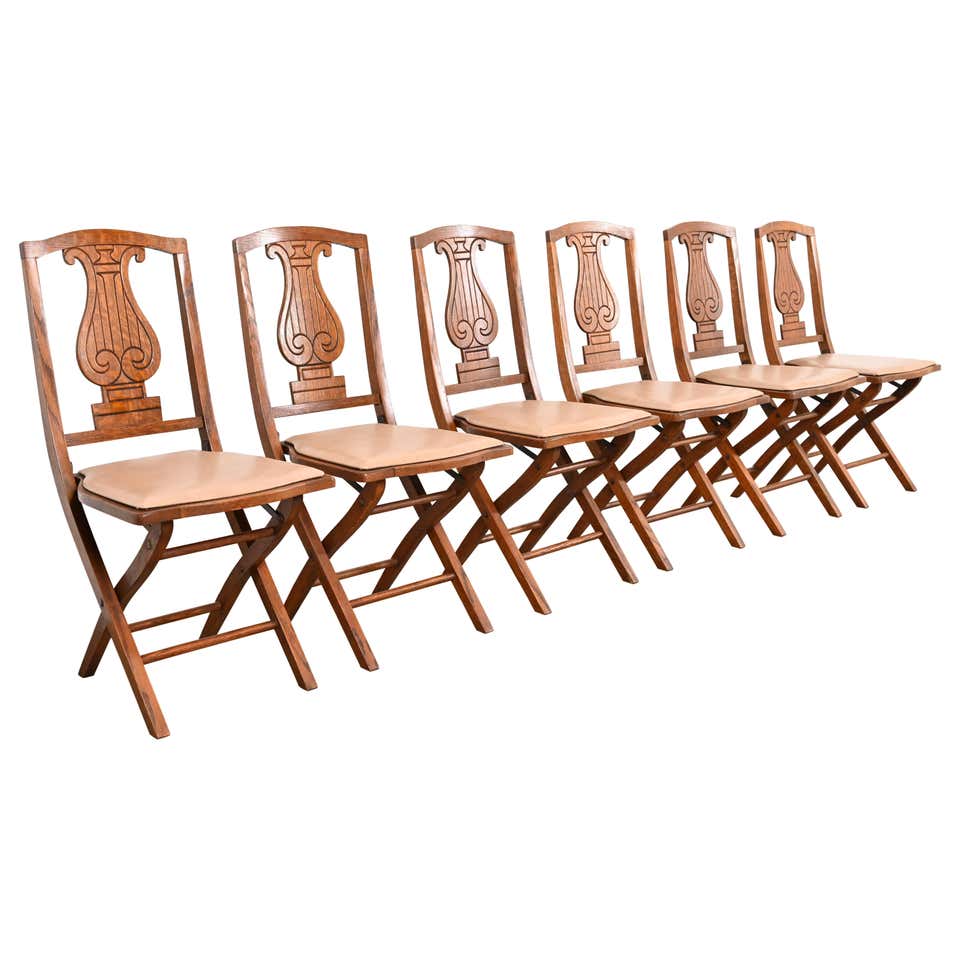 Antique Arts and Crafts Carved Oak Lyre Back Folding Chairs by Phoenix