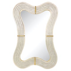 Contemporary Italian Pearl White Cream Murano Glass Brass Backlit Curved Mirror