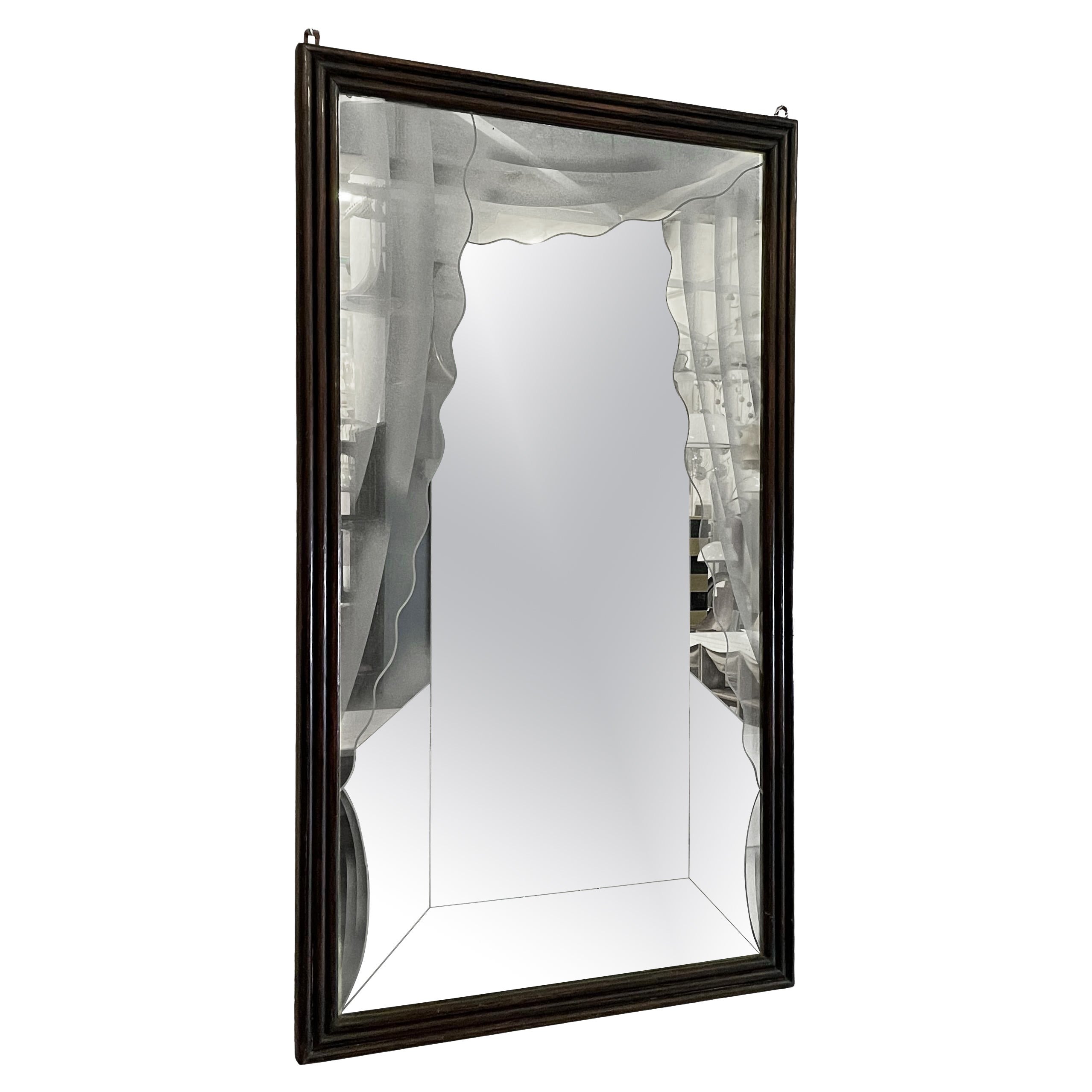 Italian art deco Wall mirror with acidified decorations in grissinato wood 1930s