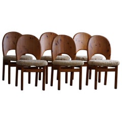 Set of 6 Sculptural Danish Modern Brutalist Chairs in Pine & Lambswool, 1970s