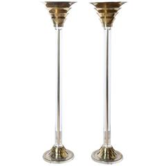 Pair Lucite and Brass Floor Lamps