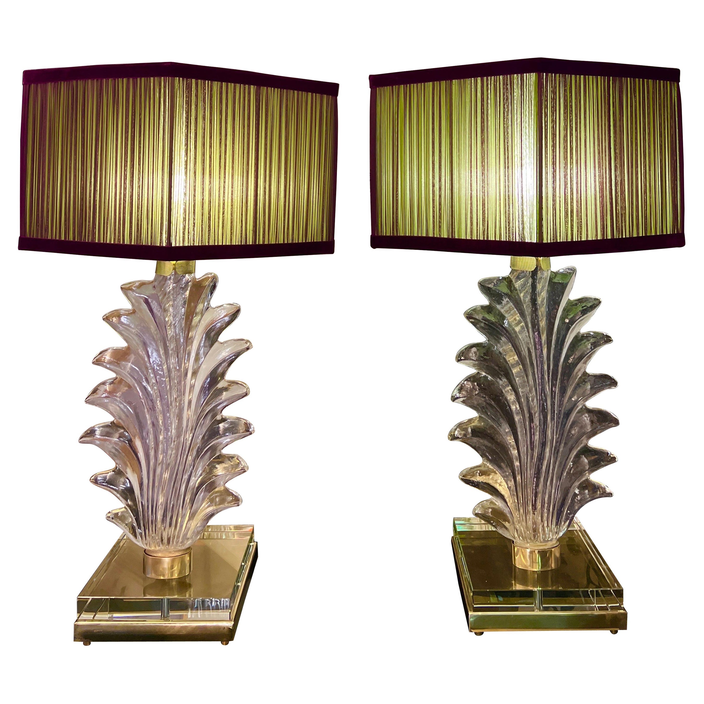 Pair of Murano Clear Glass Leaf Table Lamps with double color lampashades 1980s