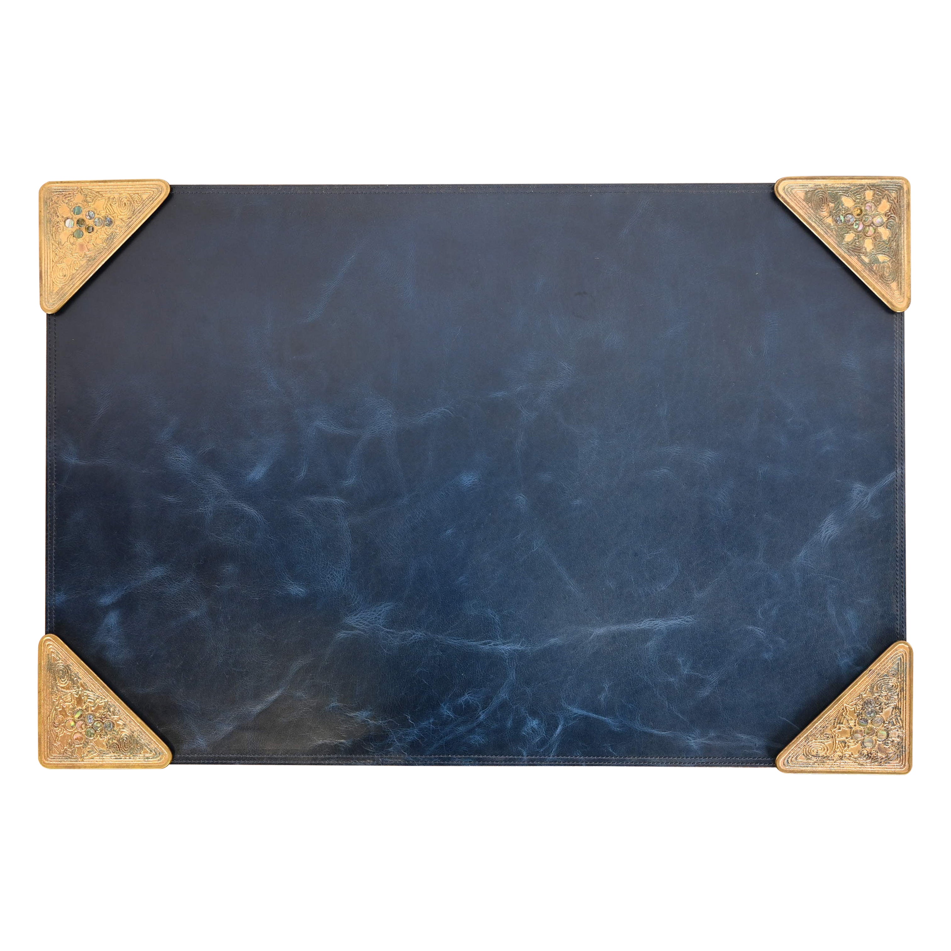 Tiffany Studios New York Bronze Doré & Abalone Blotter Corners With Leather Pad