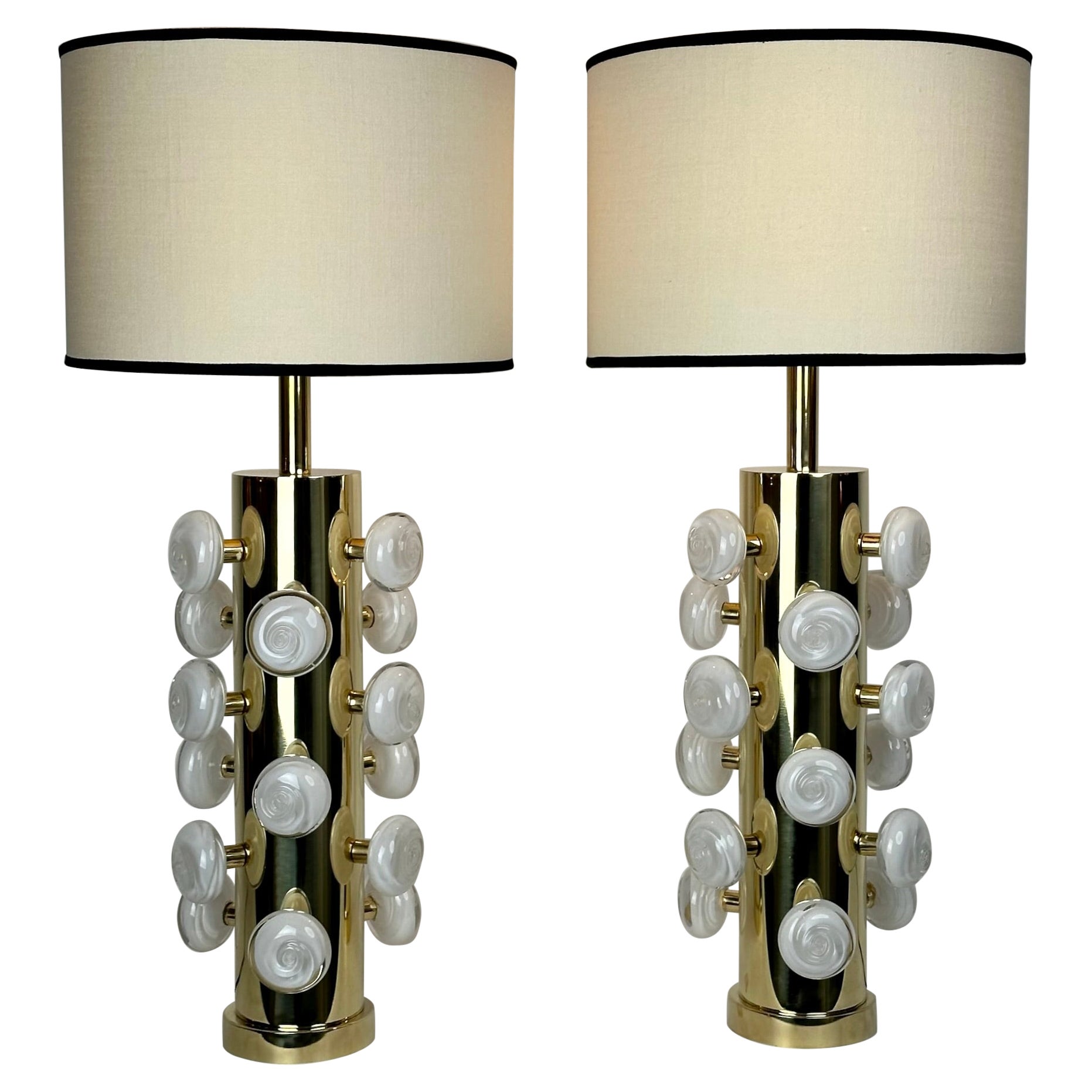 Late 20th Century Pair of Brass & White Murano Art Glass Butttons Table Lamps