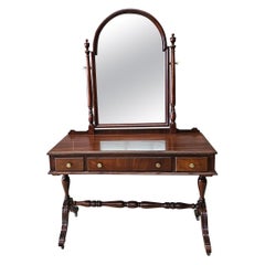 Rishel Furniture Mahogany Rolling Stretcher Mirrored Vanity Dressing Table