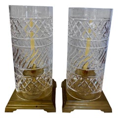 Vintage Crystal & Heavy Brass Hurricane Lanterns, PAIR