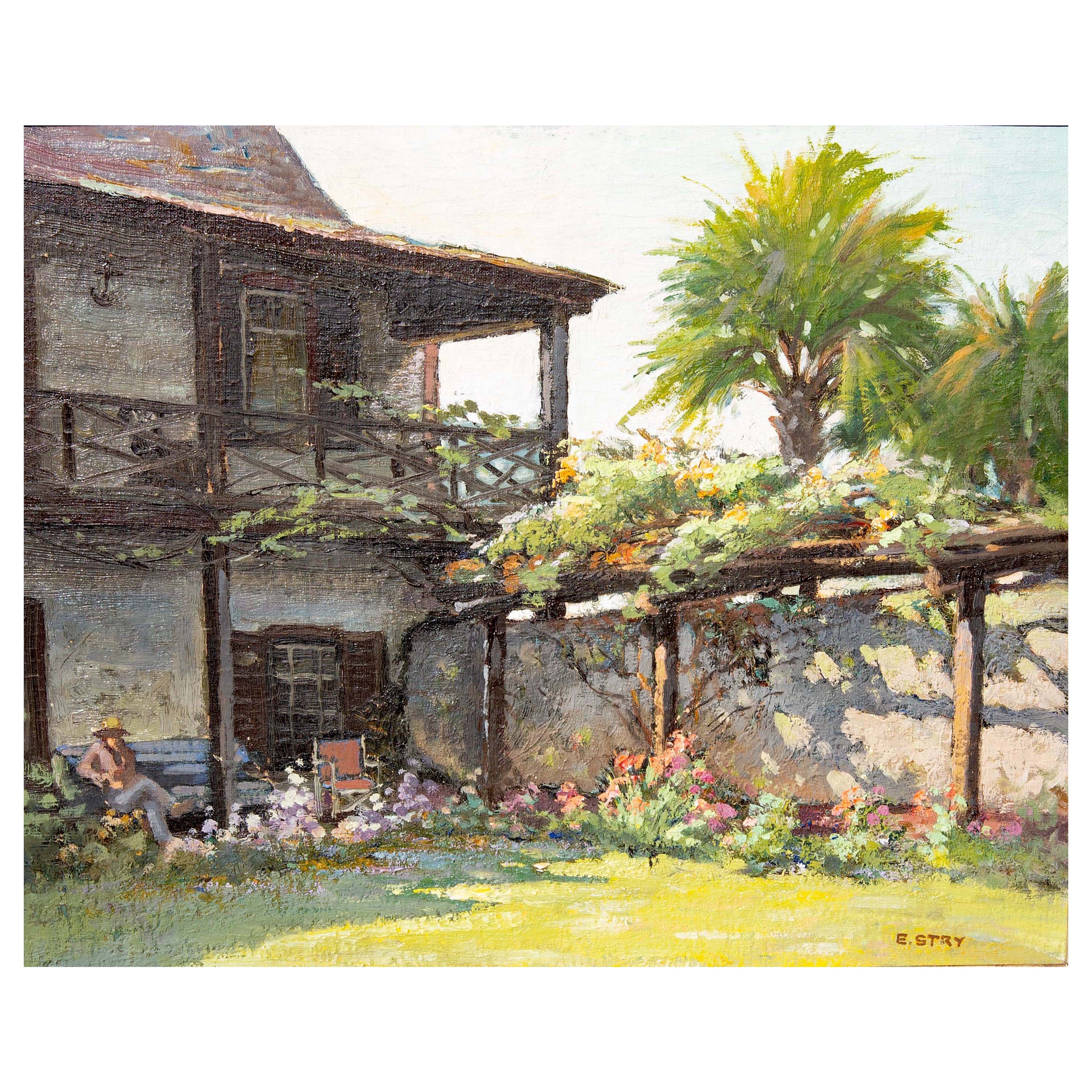 Early Florida Painting "Spanish Garden" St. Augustine by Eric Stry Circa 1950