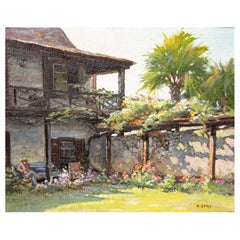 Early Florida Painting "Spanish Garden" St. Augustine by Eric Stry Circa 1950