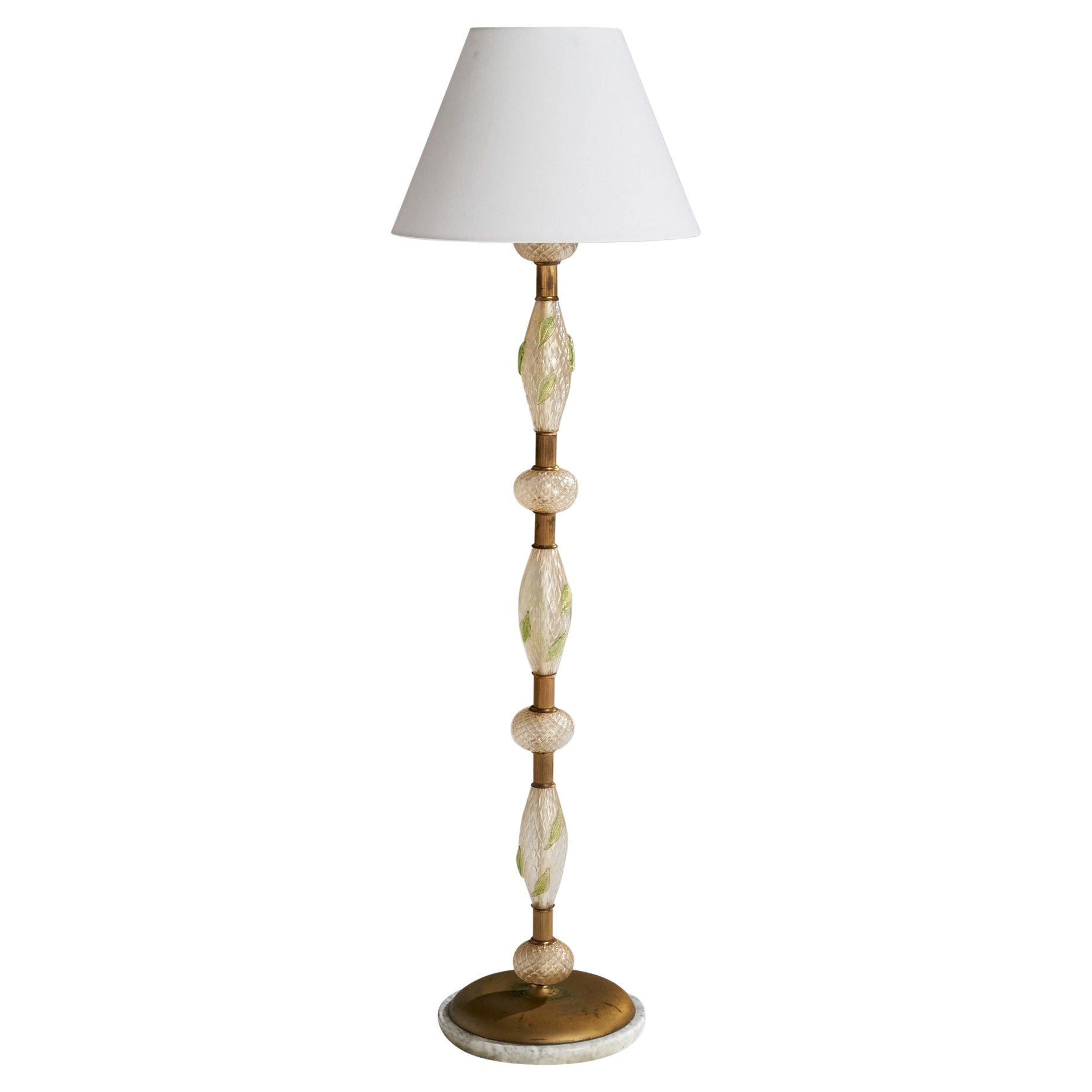 Italian Designer, Floor Lamp, Brass, Murano Glass, Marble, Fabric, Italy, 1930s For Sale