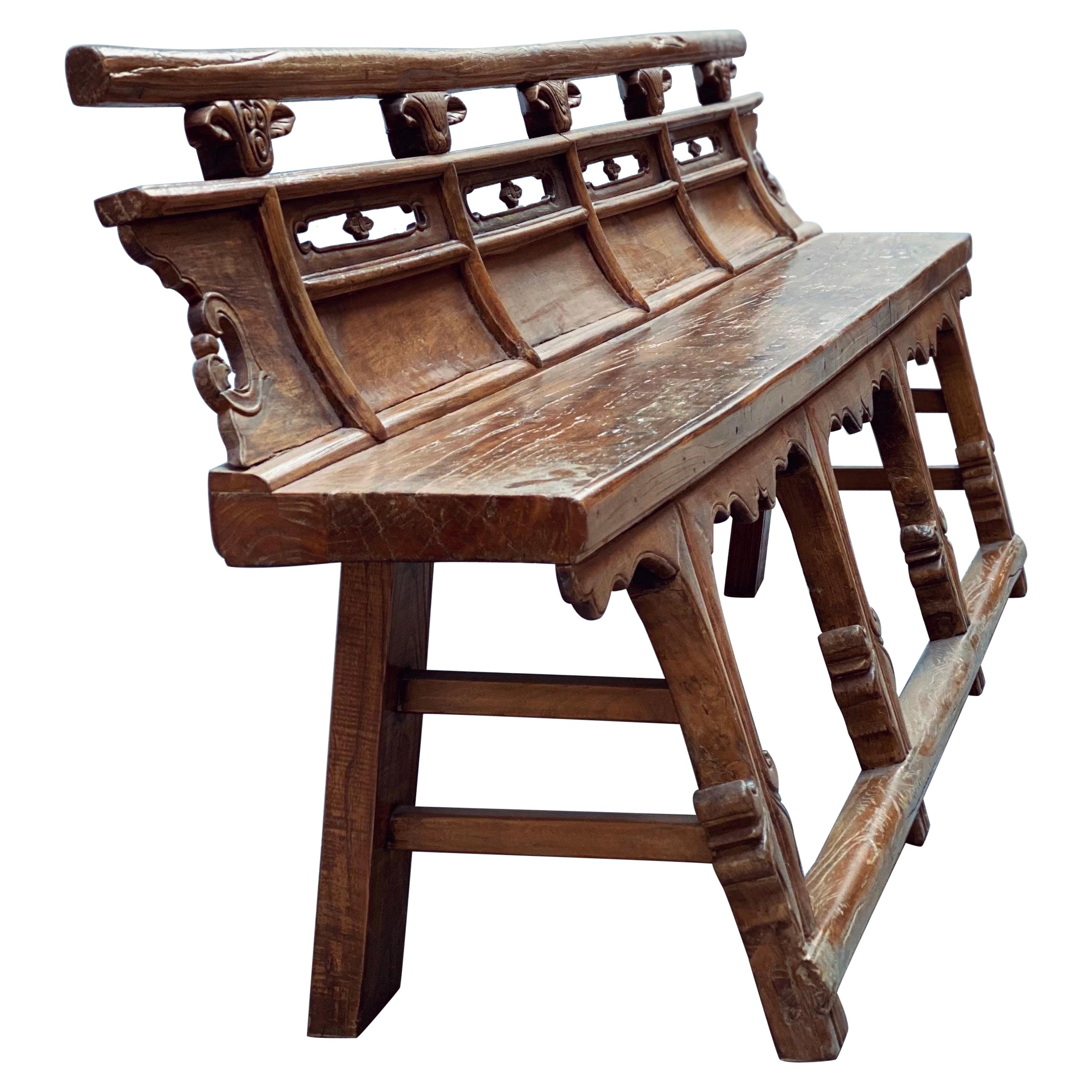 Antike Theaterbank Sitzbank Opera Bench Ulmenholz massiv, China 18. Jhd en venta