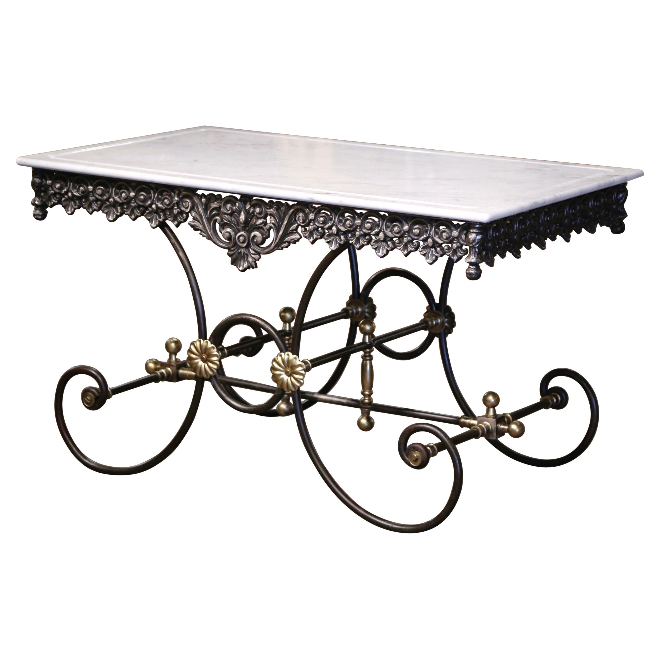 French Marble Top Polished Iron and Bronze "Table de Boucher" or Pastry Table