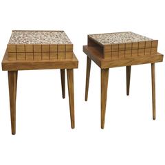 Midcentury Pair of Mosaic Tile and Wood Tables, circa 1950