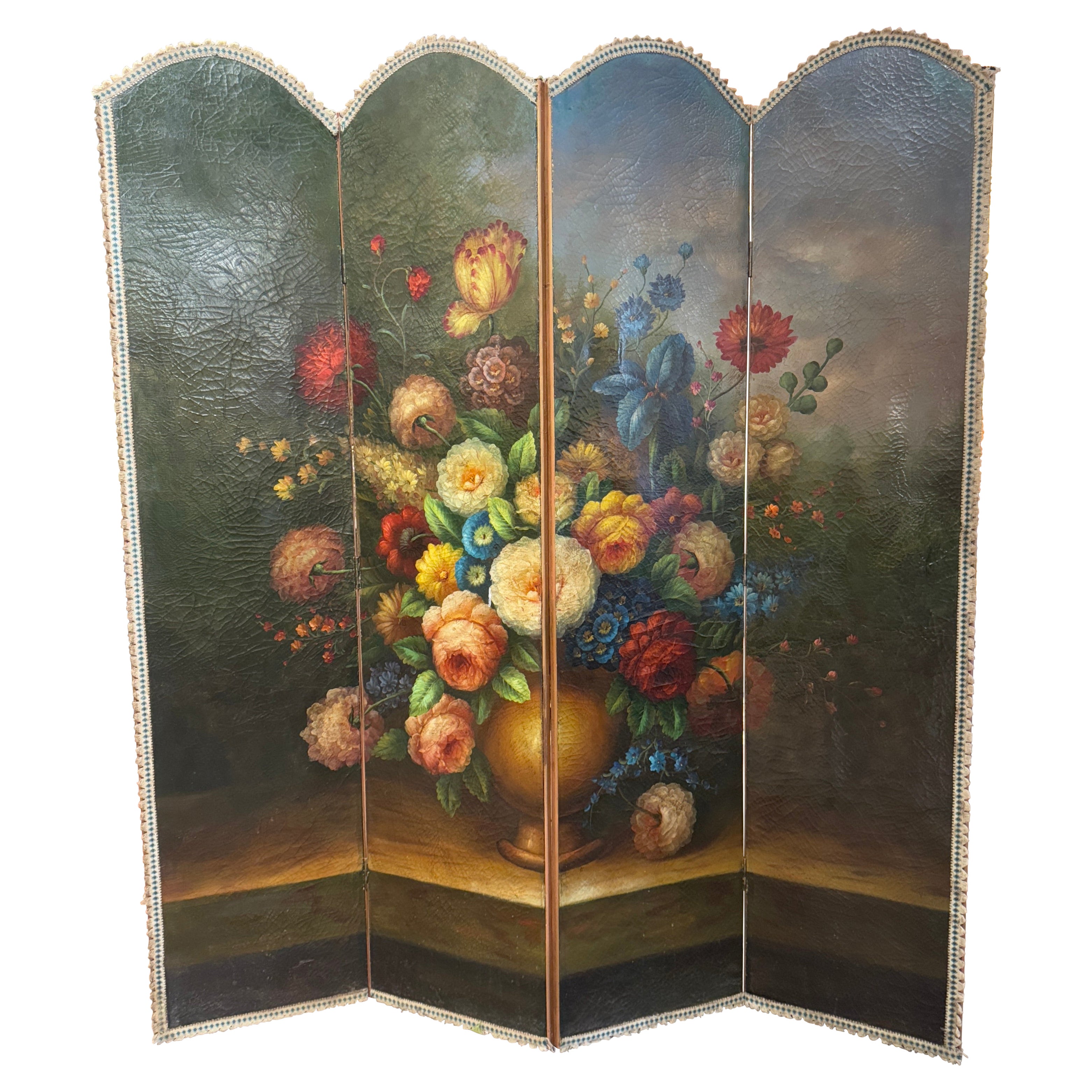 19th Century French Hand Painted Arched Four-Panel Folding Screen