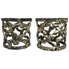 Fantastic Pair of 1970's Tony Duquette Style Silvered Drum Tables
