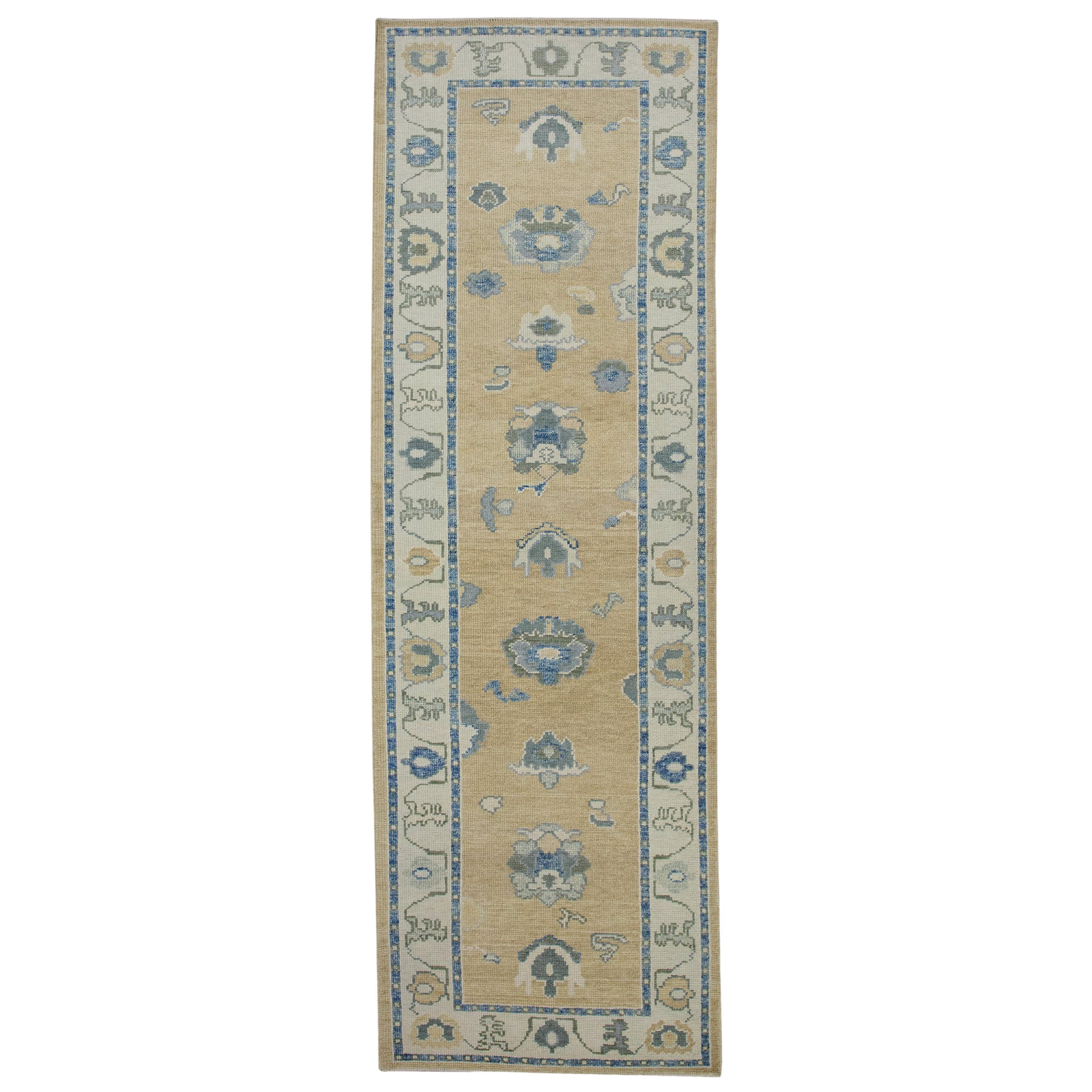 Tapis de course turc Oushak à motifs floraux jaunes et bleus, fait à la main, 3' x 9'9"