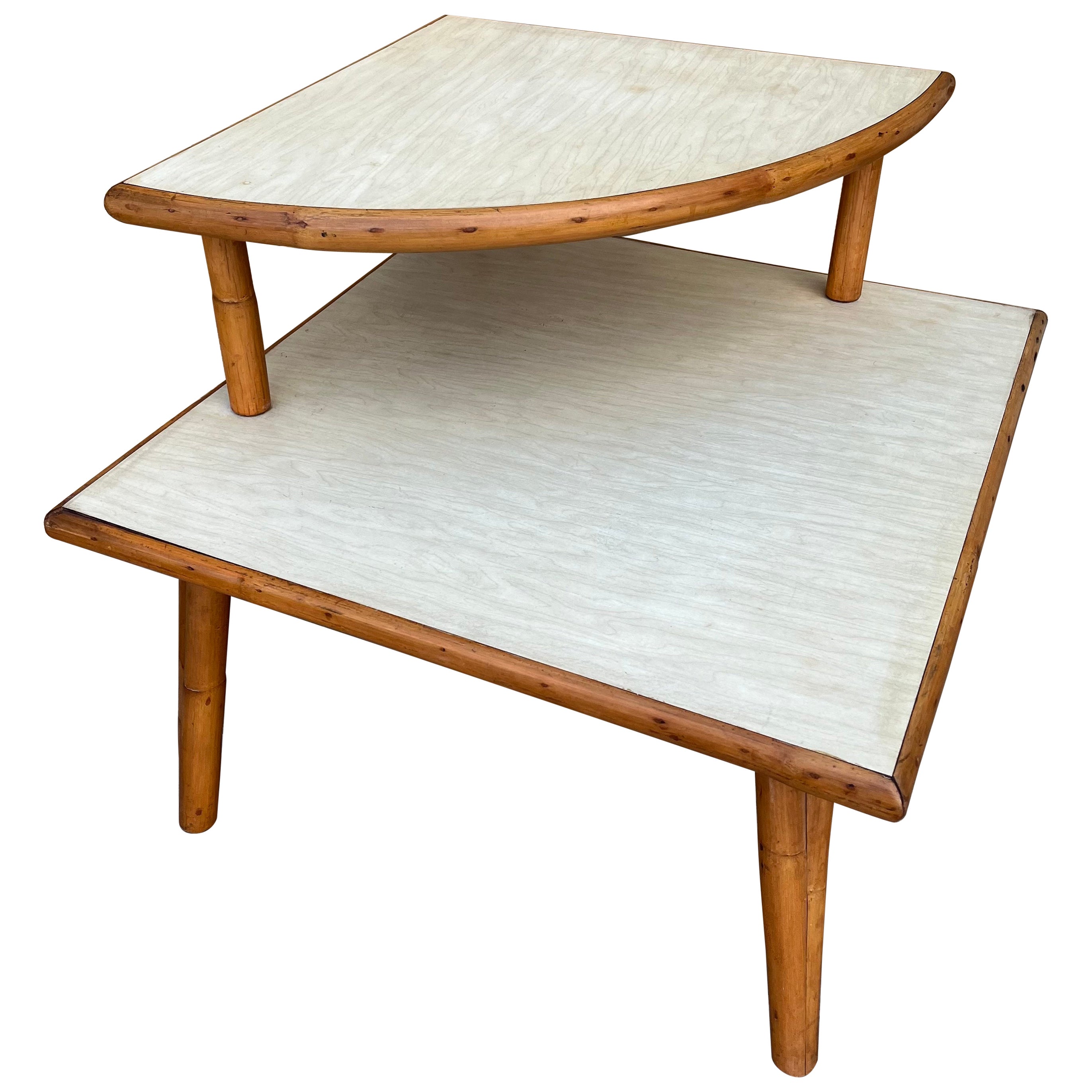 Mid Century Modern Two Tiered Rattan Corner Table. Circa 1950s For Sale