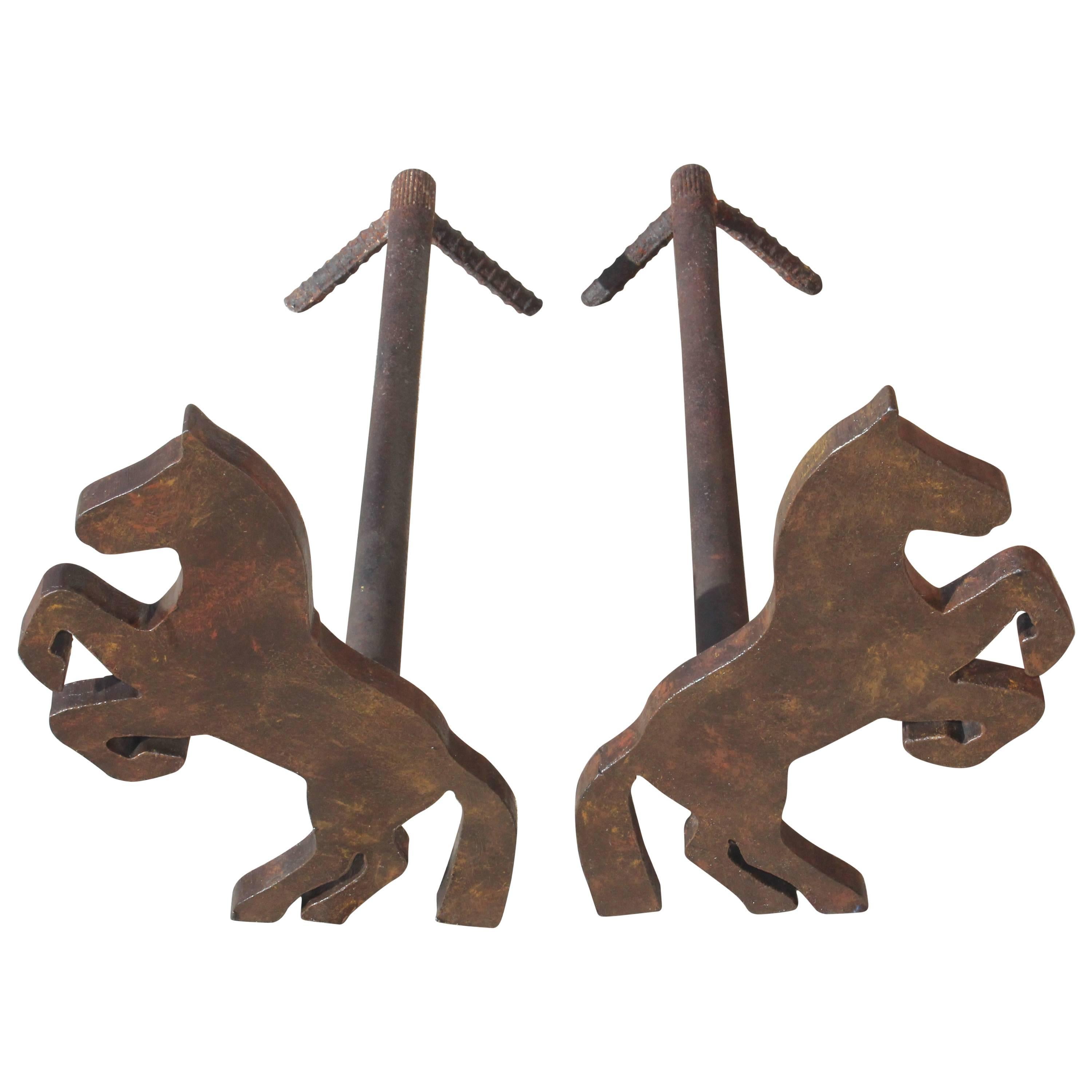 Pair of Handmade Folky Rustic Horses Andirons