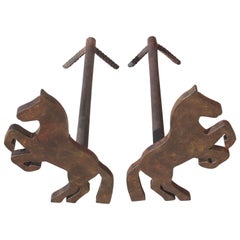 Antique Pair of Handmade Folky Rustic Horses Andirons