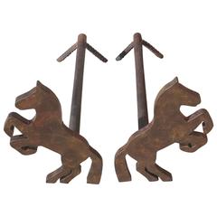 Pair of Handmade Folky Rustic Horses Andirons 2