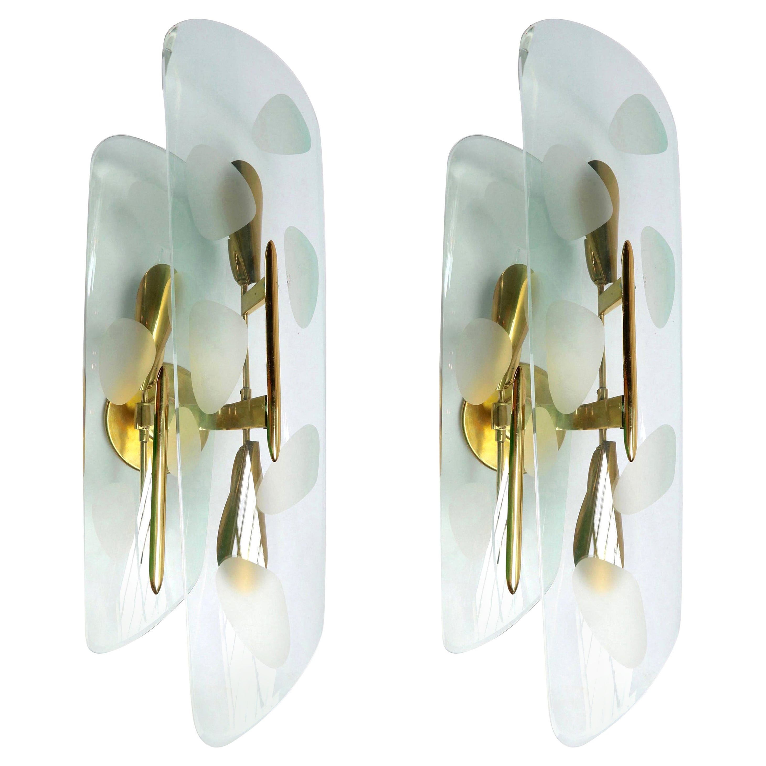 Pair of 1950s Italian Sconces with Etched Glass and Brass Frames