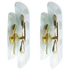 Retro Pair of 1950s Italian Sconces with Etched Glass and Brass Frames