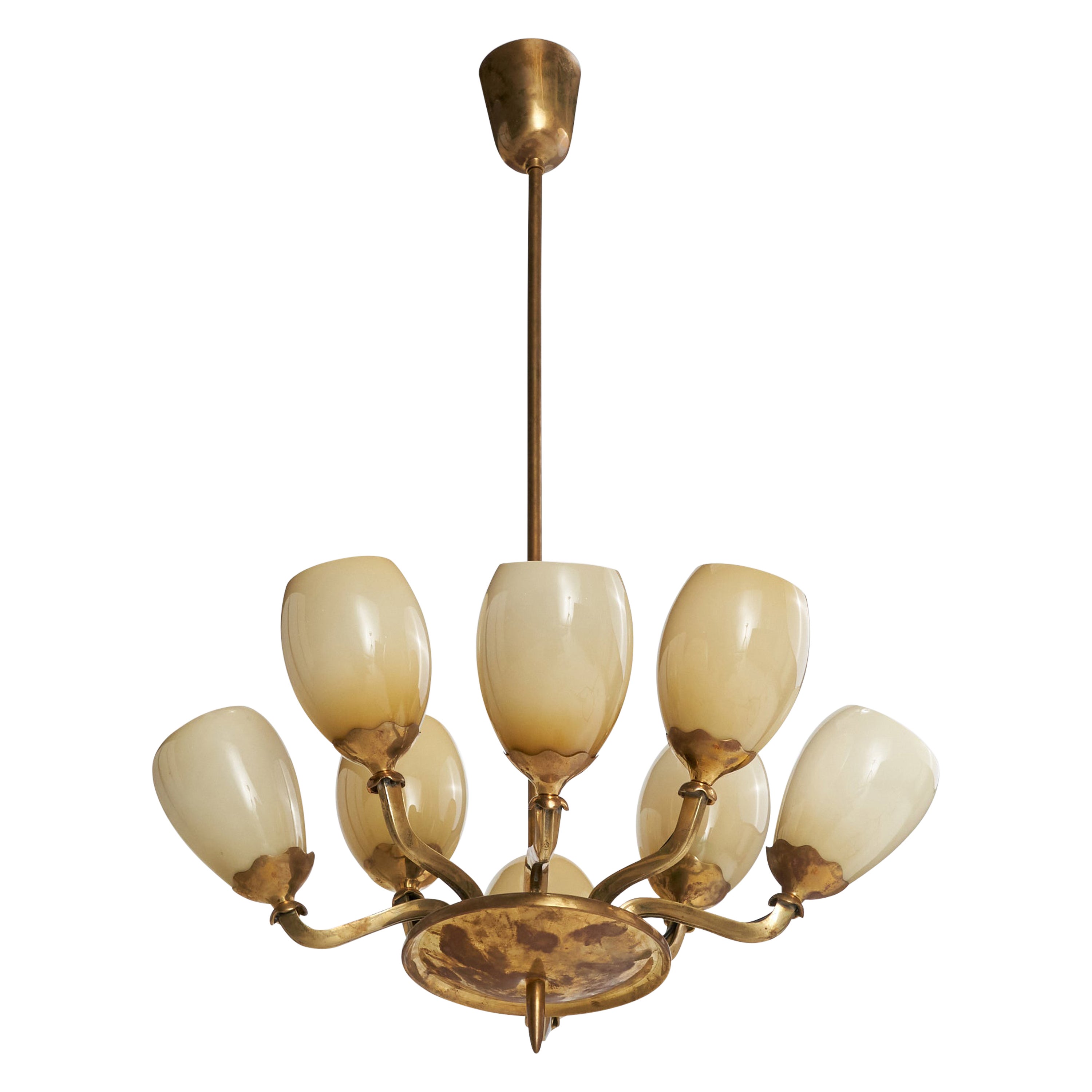 Paavo Tynell, Chandelier, Brass, Glass, Finland, 1940s
