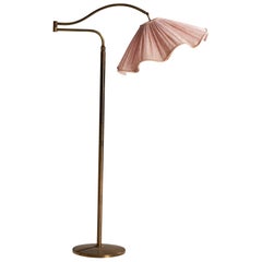 Italian Designer, Floor Lamp, Brass, Fabric, Italy, 1940s