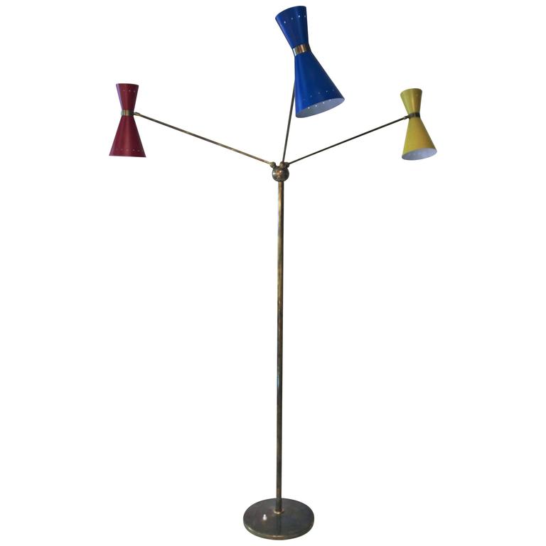 Triennale Floor Lamp with Three Lights, Brass and Metal, circa 1960