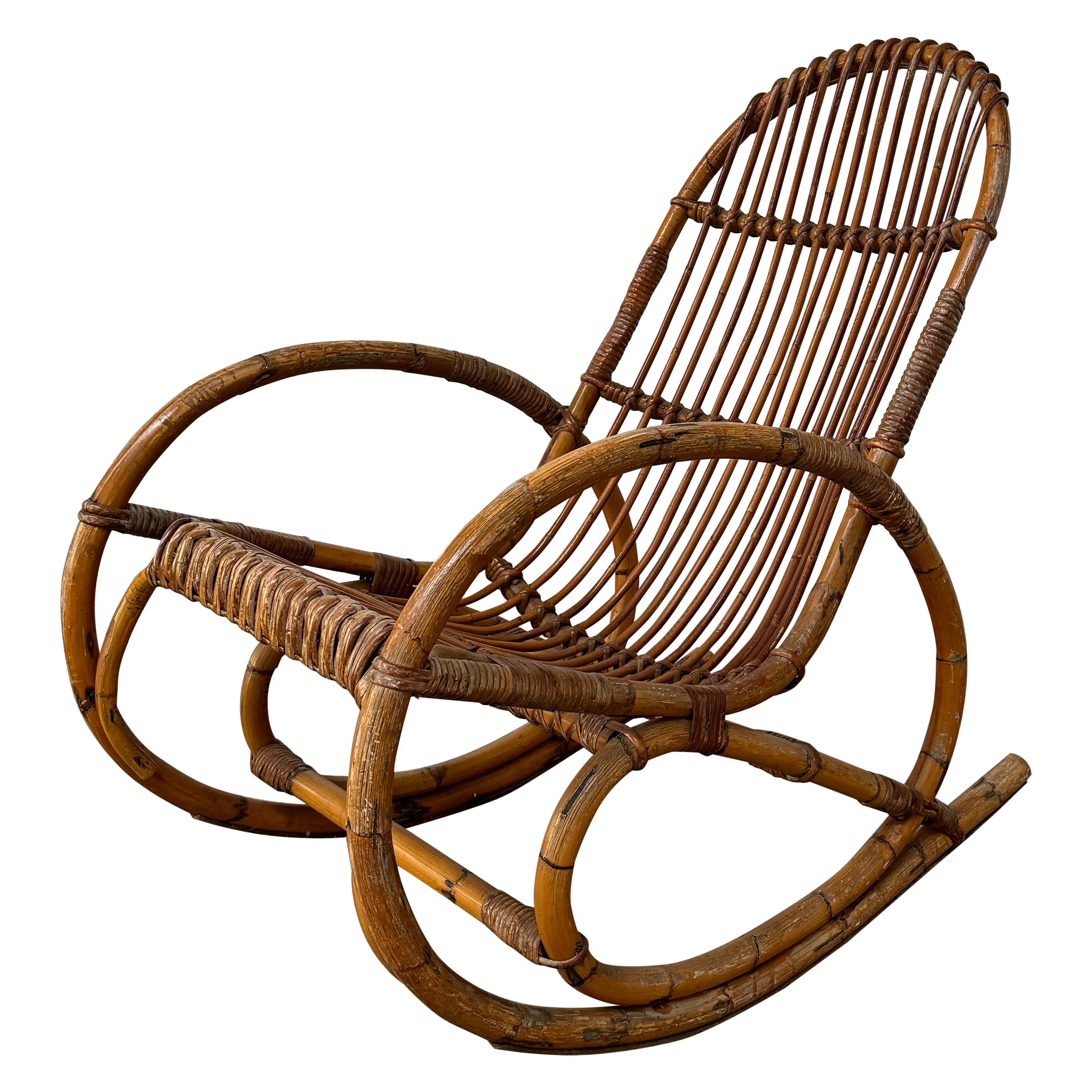Mid-Century Modern Italian Bamboo and Rattan Rocking Chair. 1960s