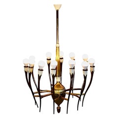 Mid Century Modern Vintage Brass White Chandelier Twelve Arms Gio Ponti Italy