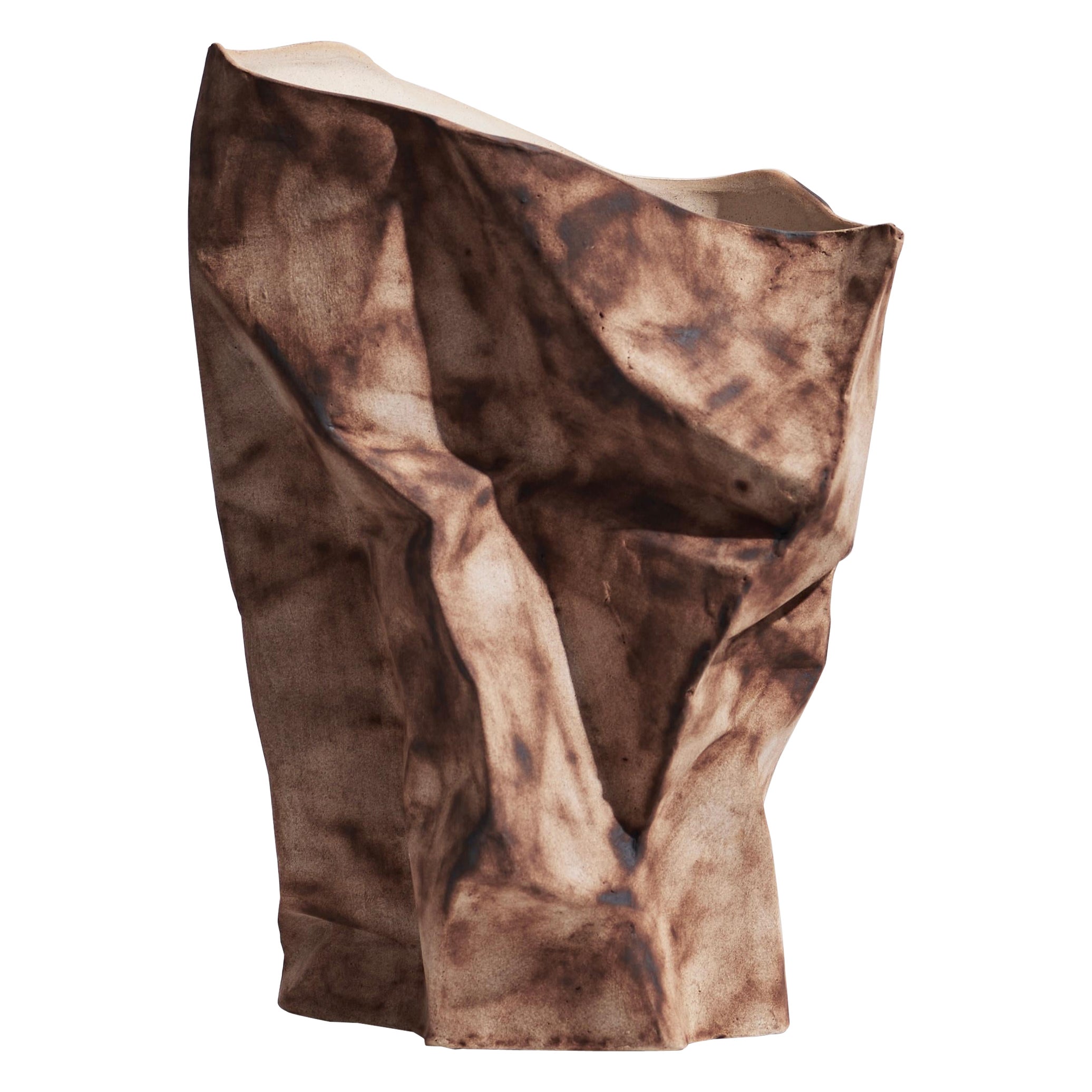 Brown Handcrafted Ceramic Paper Bag Vase with Earth-Toned Burnt Texture