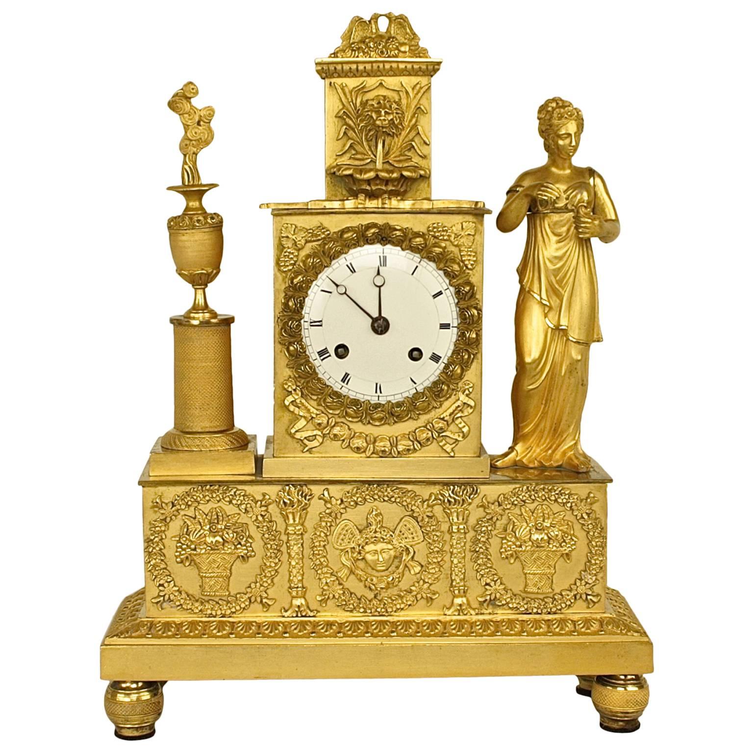 Empire Ormolu Figural Mantle Clock of the Goddess Flora