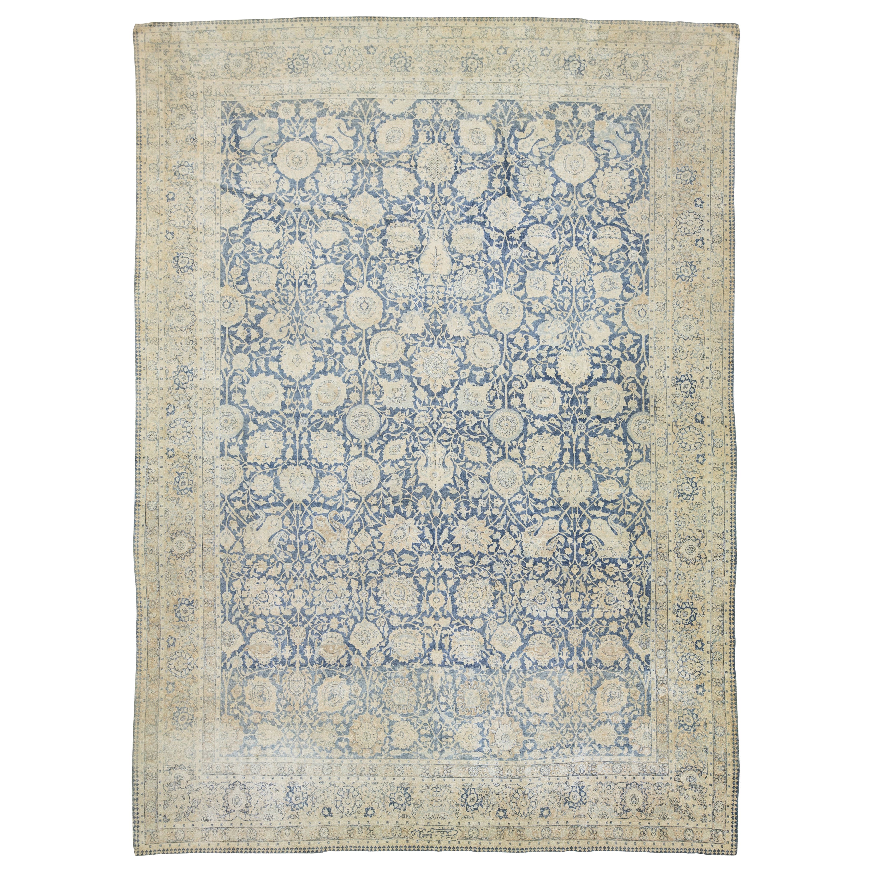 Floral Designed Antique Persian Tabriz Wool Rug In Blue